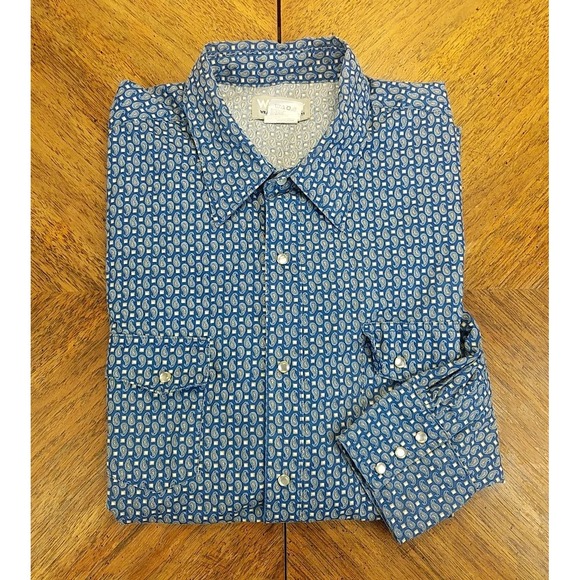 Men's XXL Wrangler Western Blue Paisley Pearl Snap Rodeo Cowboy Shirt Vintage - Picture 1 of 11